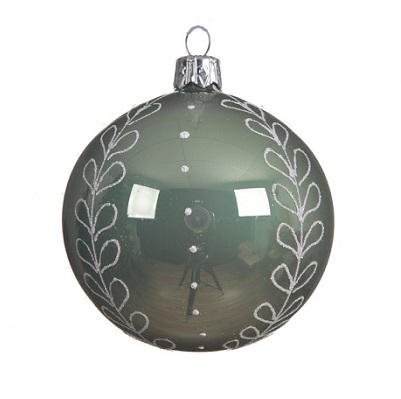 Kerstbal 7cm salie groen met witte lijn glas (prijs per stuk)