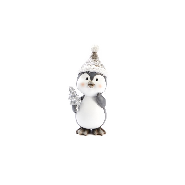 Pinguin met boom grijs zilver 17.5cm 1 Grijs