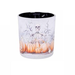 Theelichthouder skeleton pumpkin oranje glas 7. 3x7. 3xh8cm per stuk